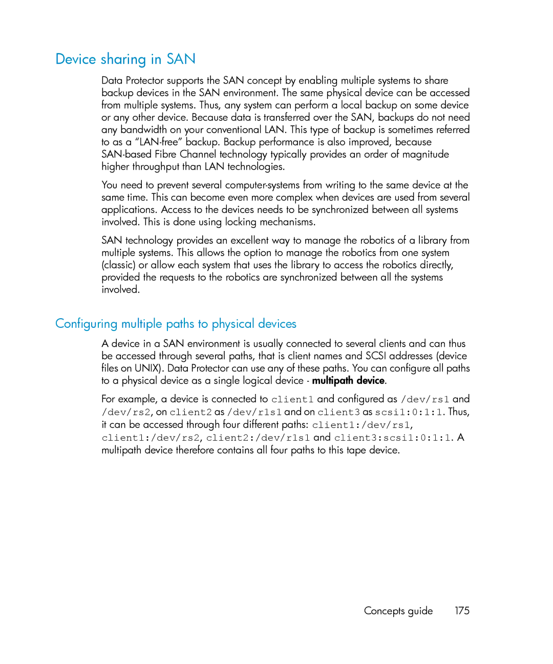 HP B6960-96035 manual Device sharing in SAN, Configuring multiple paths to physical devices, Concepts guide 175 