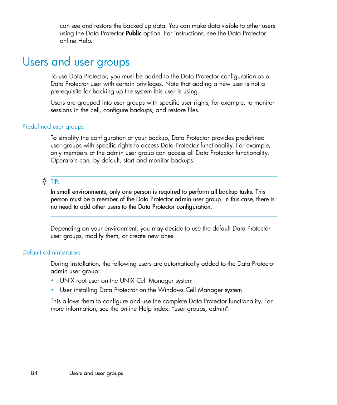 HP B6960-96035 manual Users and user groups, Predefined user groups, Default administrators 