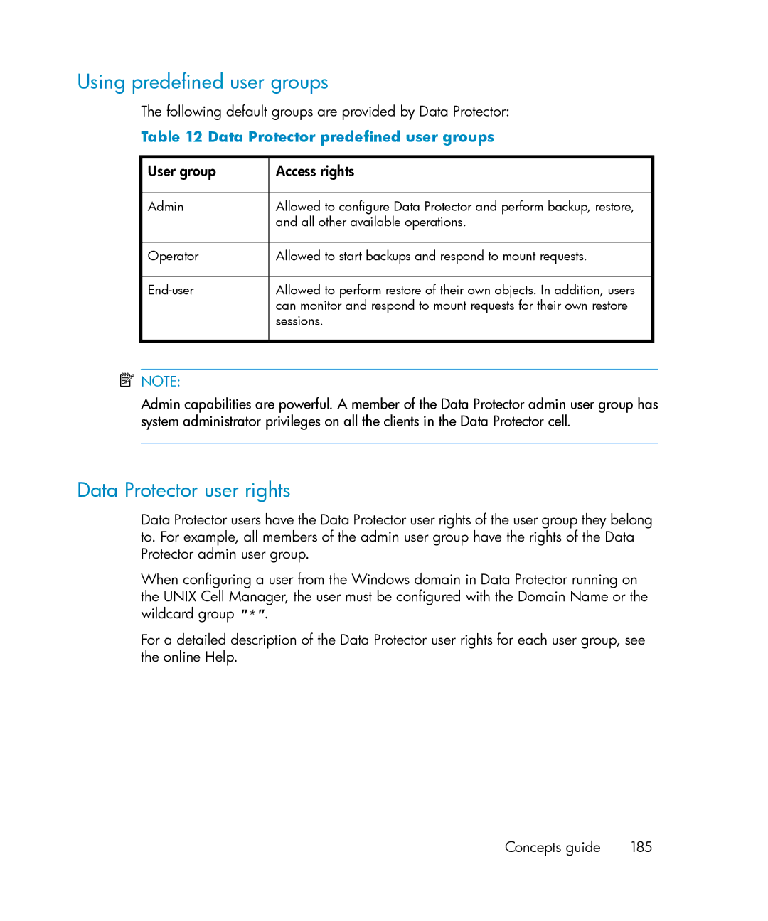 HP B6960-96035 manual Using predefined user groups, Following default groups are provided by Data Protector 