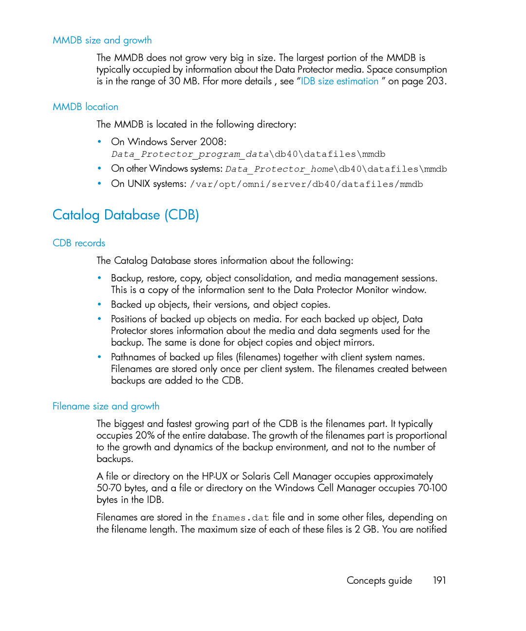 HP B6960-96035 manual Catalog Database CDB, Mmdb size and growth, Mmdb location, CDB records, Filename size and growth 
