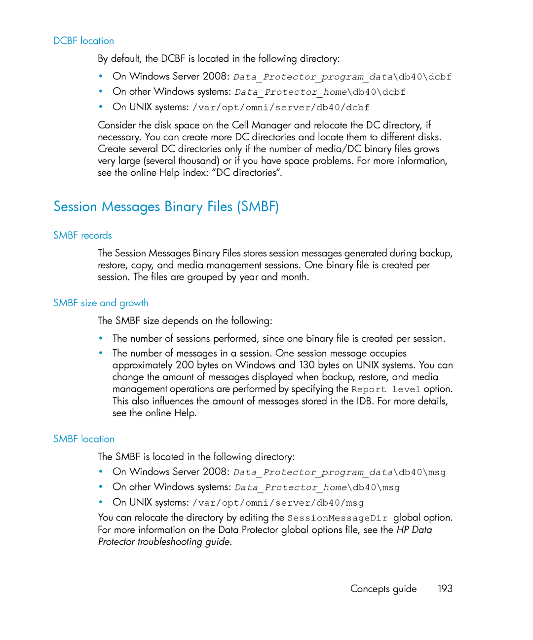 HP B6960-96035 manual Session Messages Binary Files Smbf, Dcbf location, Smbf records, Smbf size and growth, Smbf location 