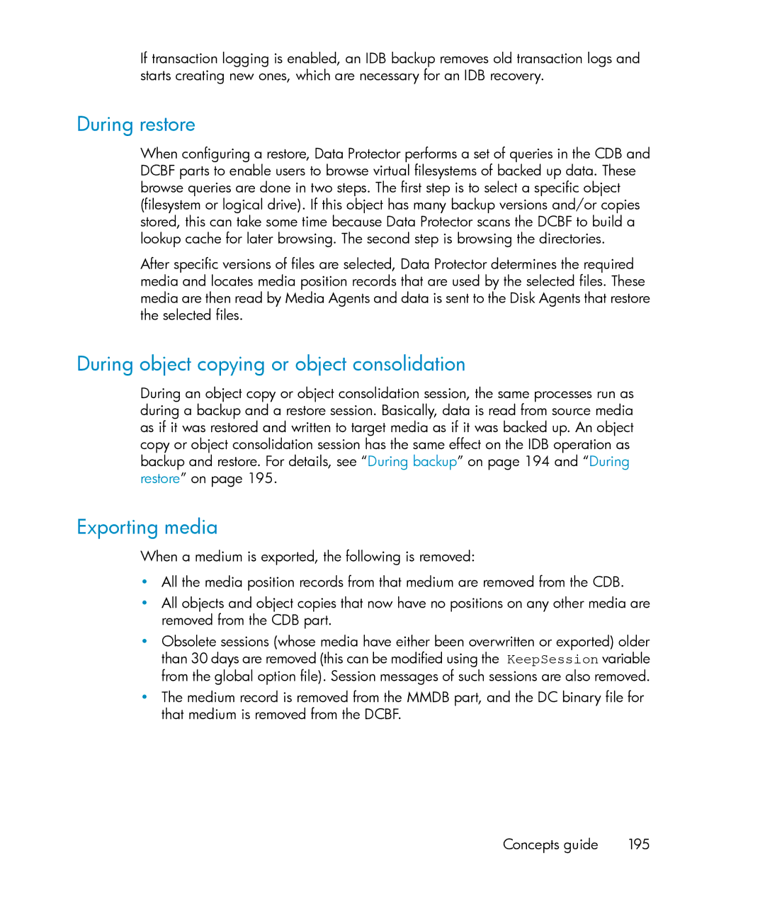 HP B6960-96035 manual During restore, During object copying or object consolidation, Exporting media 