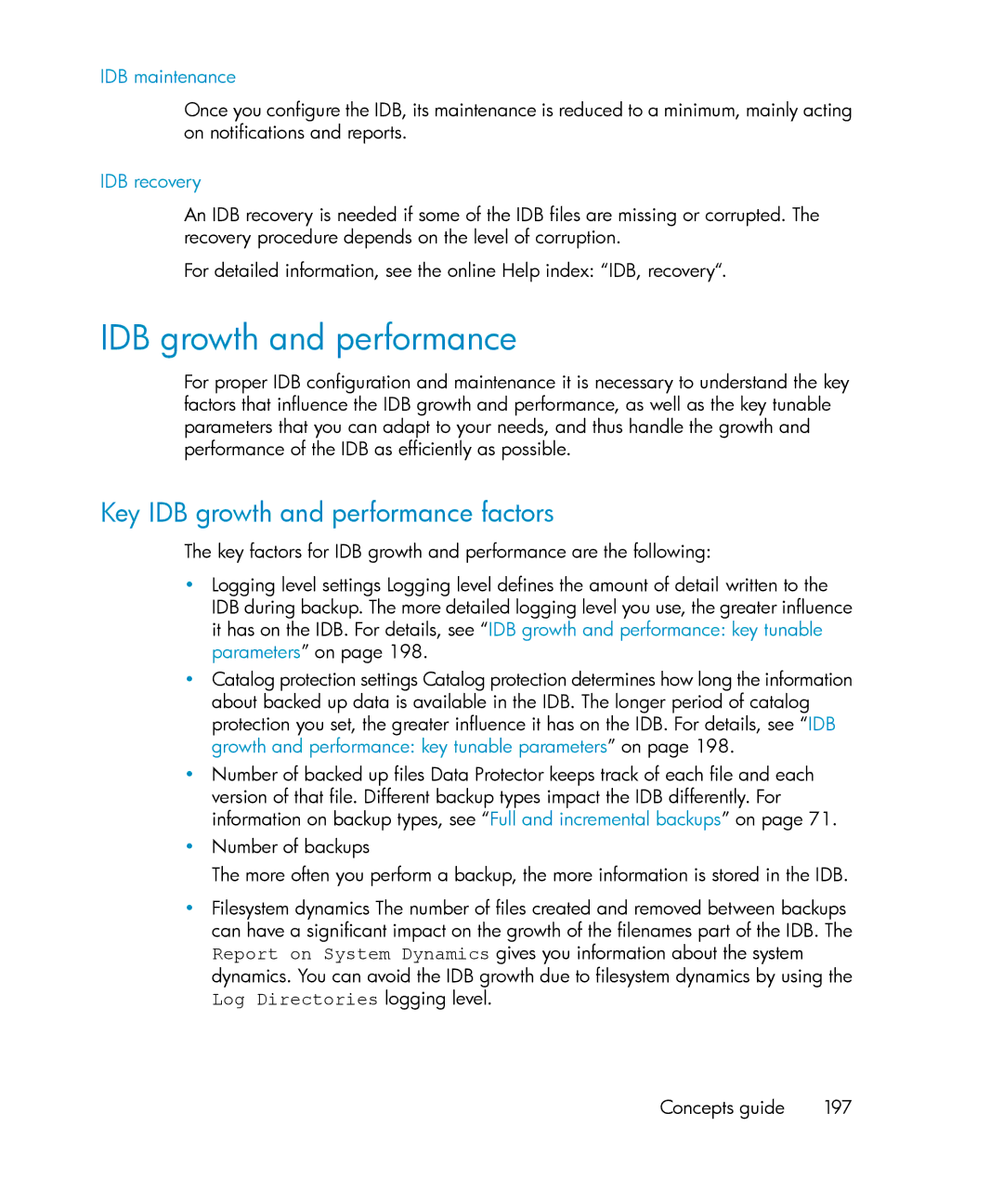 HP B6960-96035 manual Key IDB growth and performance factors, IDB maintenance, IDB recovery, Concepts guide 197 