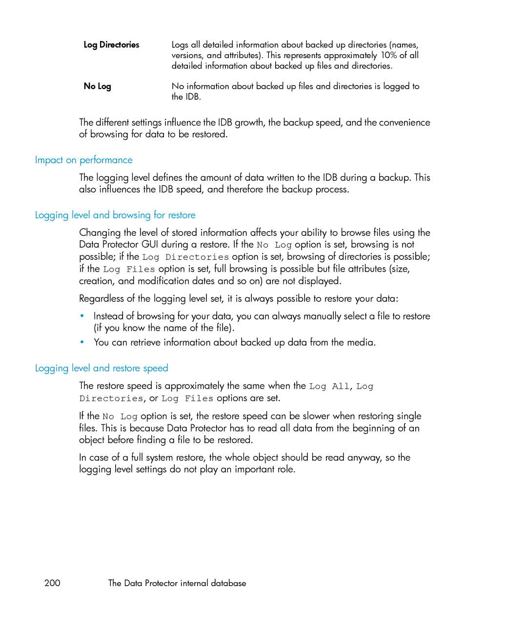 HP B6960-96035 manual Impact on performance, Logging level and browsing for restore, Logging level and restore speed 