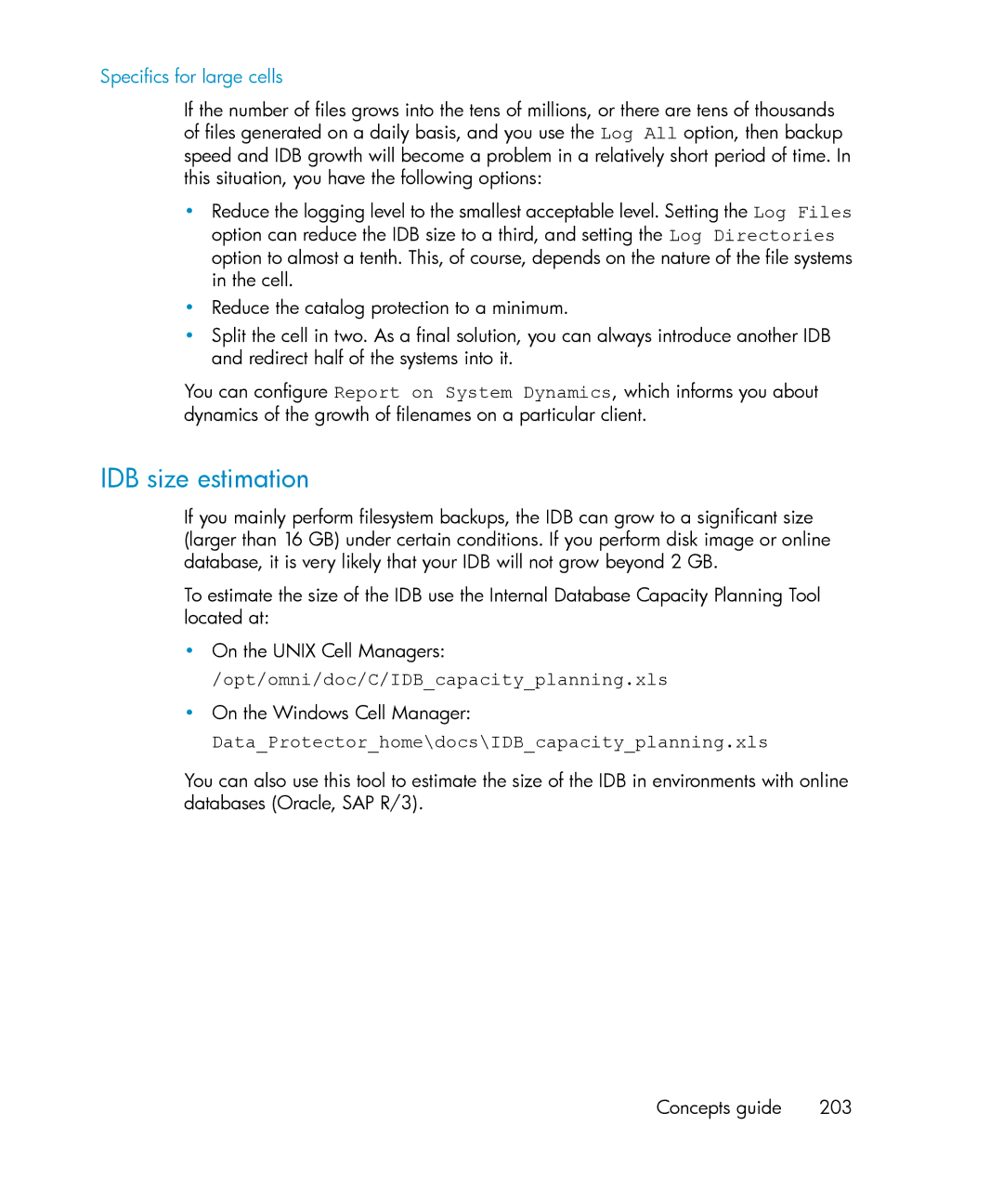 HP B6960-96035 manual IDB size estimation, Specifics for large cells, On the Windows Cell Manager 