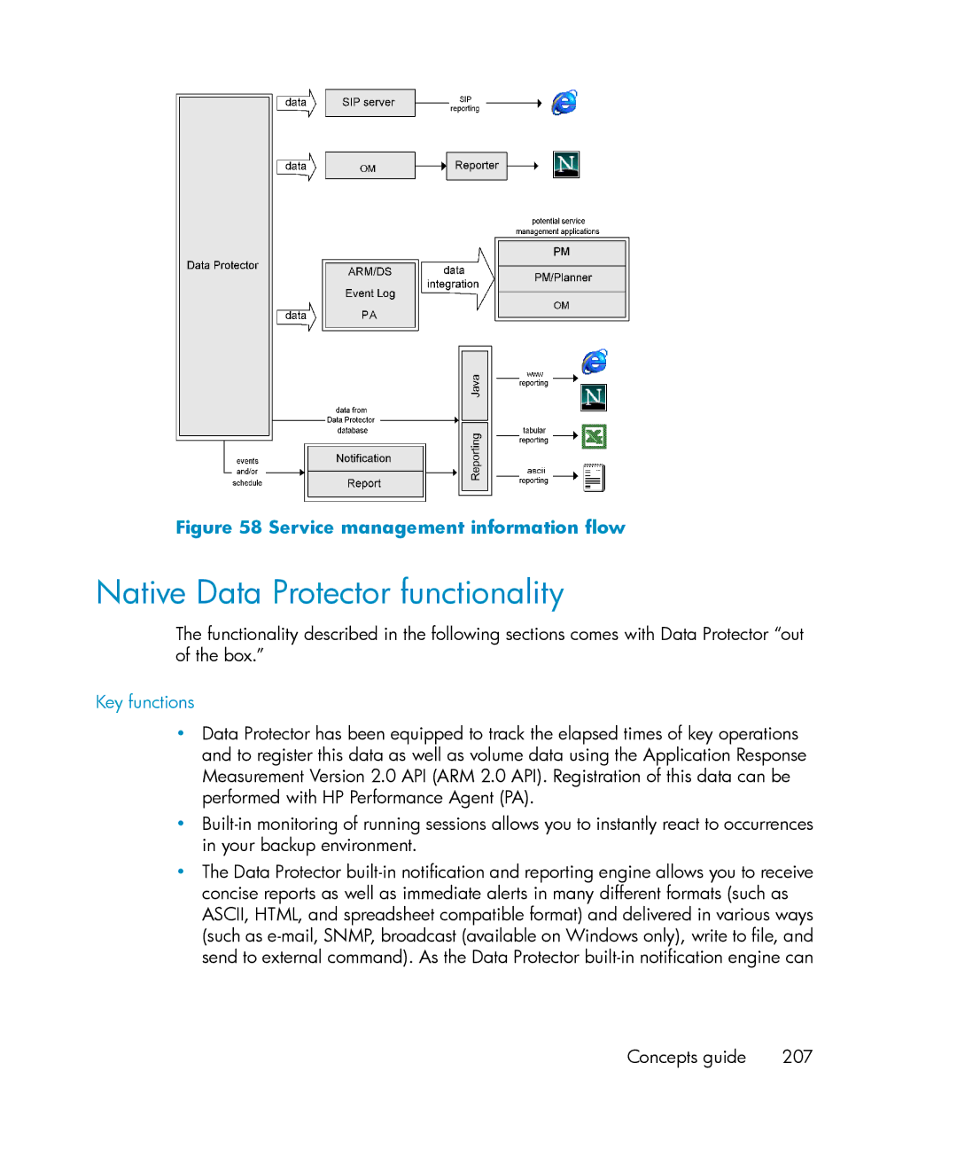 HP B6960-96035 manual Native Data Protector functionality, Key functions, Concepts guide 207 