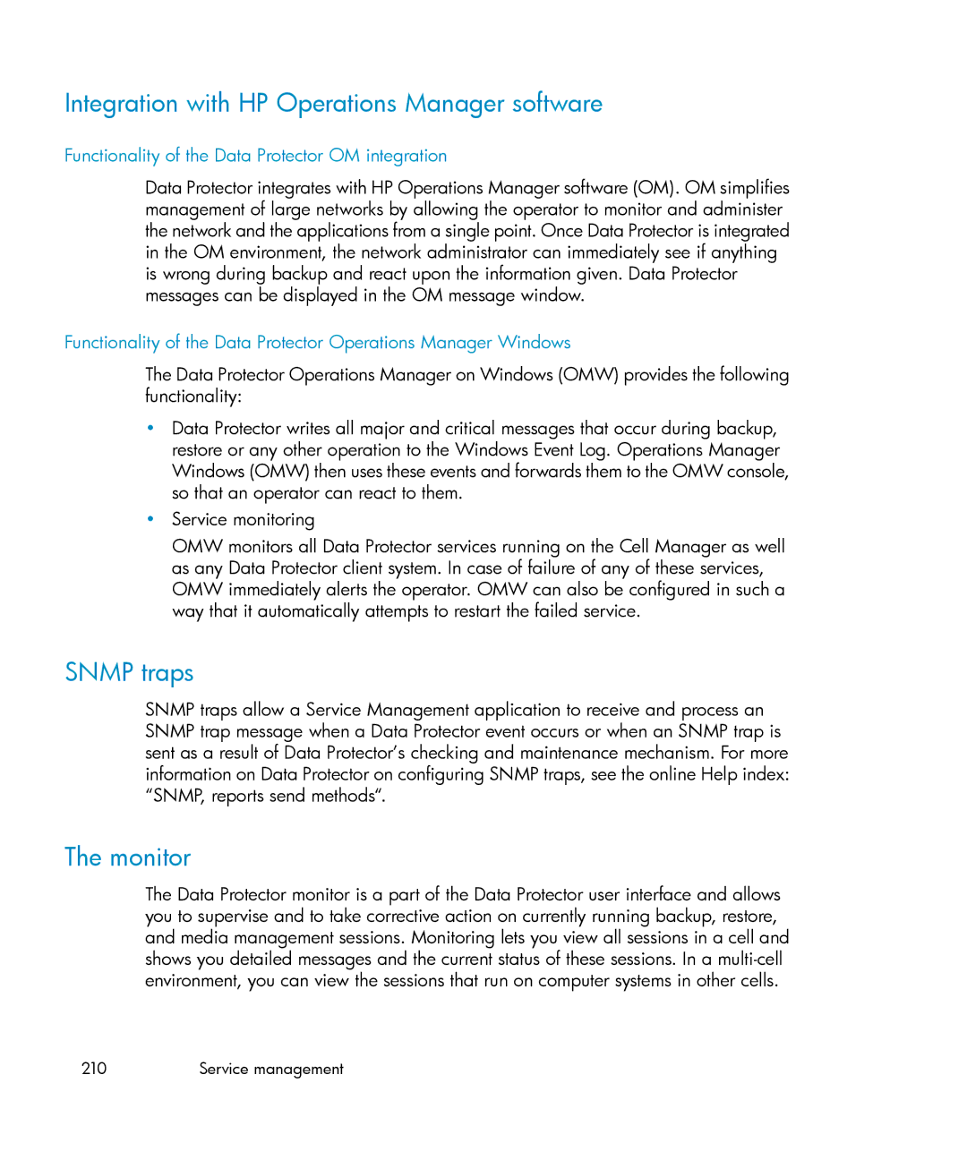 HP B6960-96035 manual Integration with HP Operations Manager software, Snmp traps, Monitor 