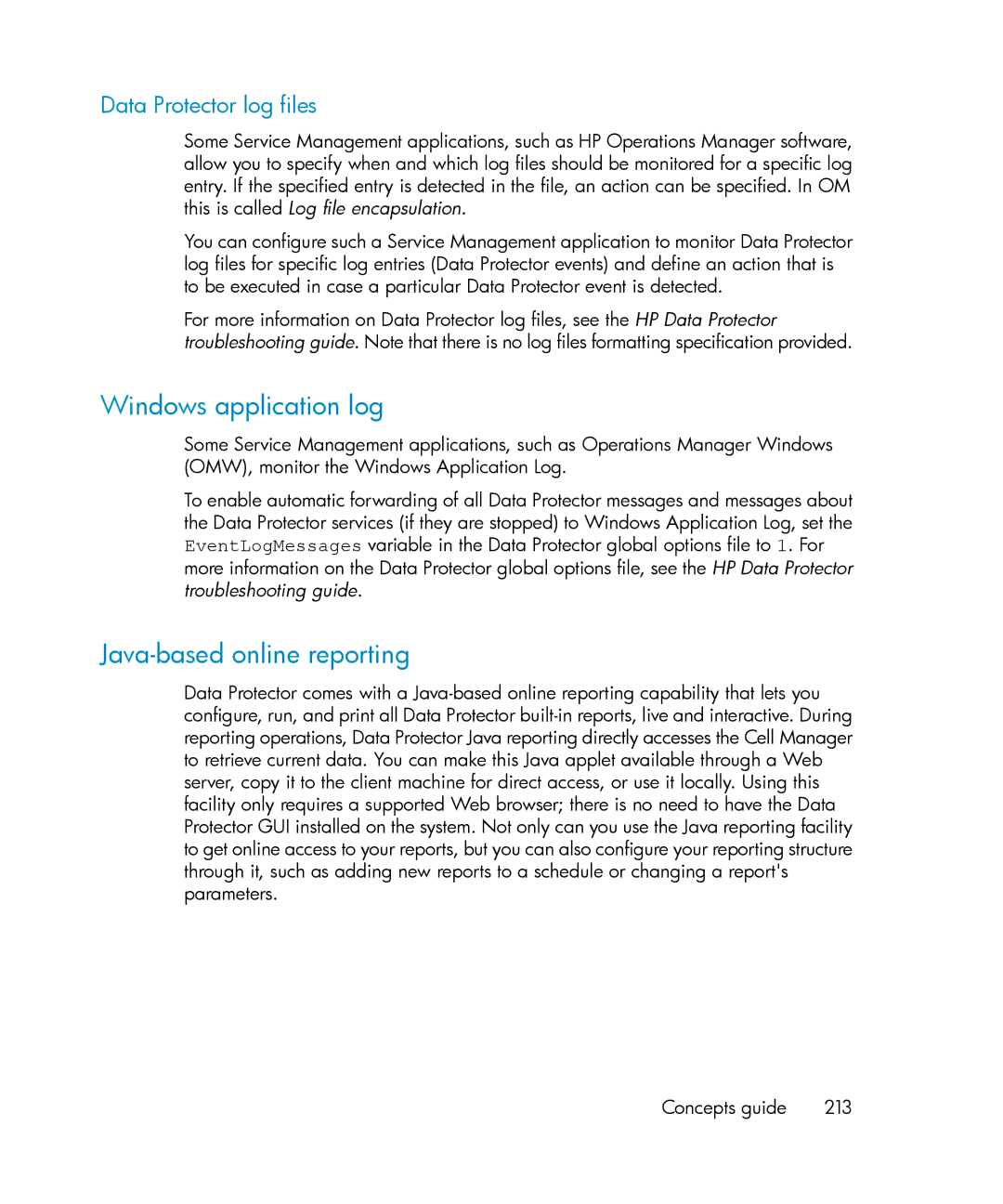 HP B6960-96035 manual Windows application log, Java-based online reporting, Data Protector log files 