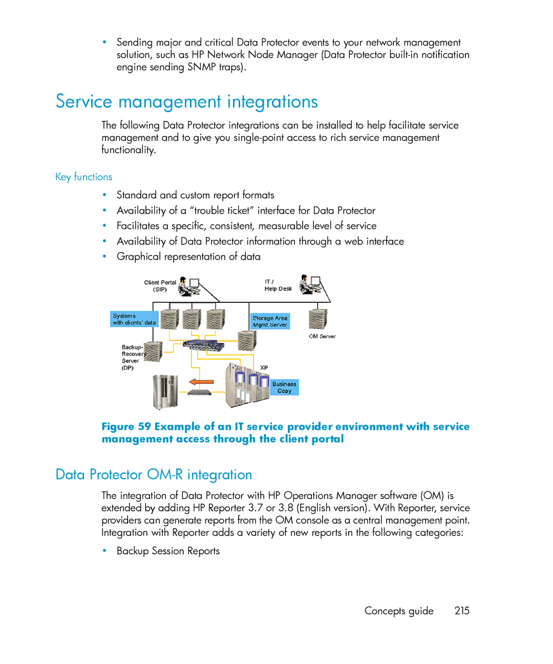 HP B6960-96035 Service management integrations, Data Protector OM-R integration, Backup Session Reports Concepts guide 215 