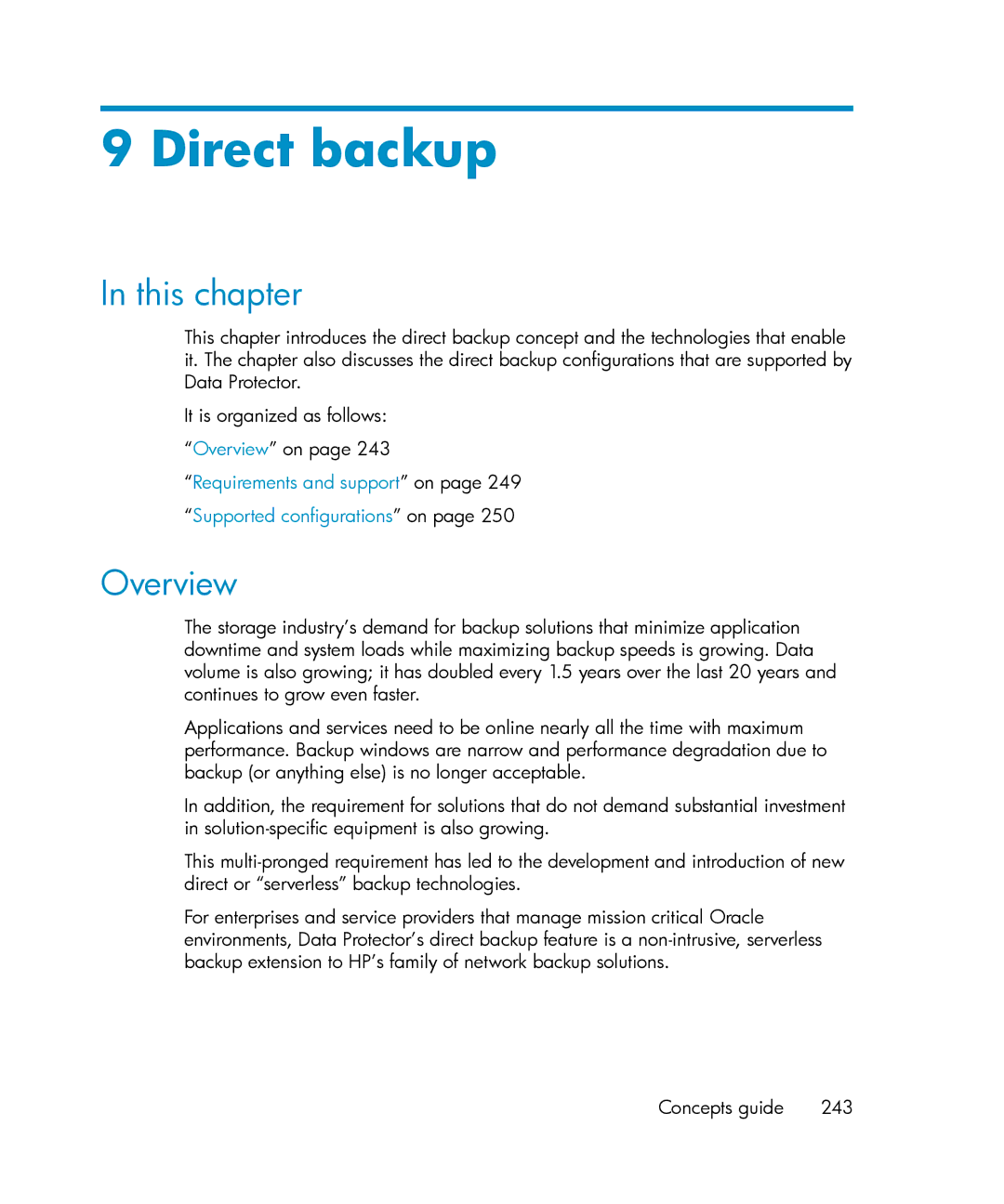 HP B6960-96035 manual Direct backup, Requirements and support on Supported configurations on 