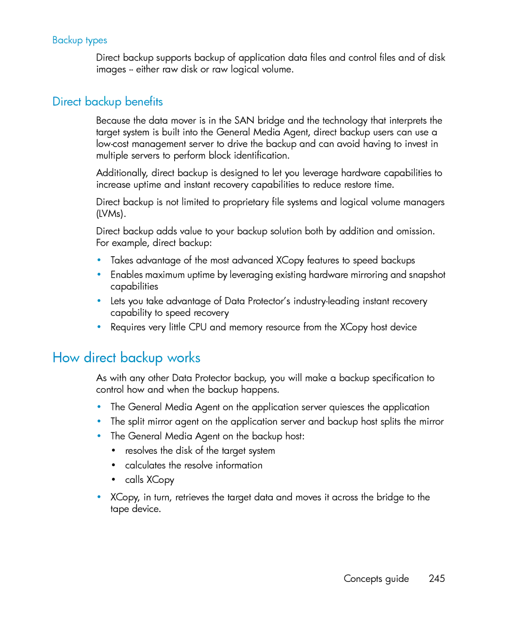 HP B6960-96035 manual How direct backup works, Direct backup benefits, Backup types 
