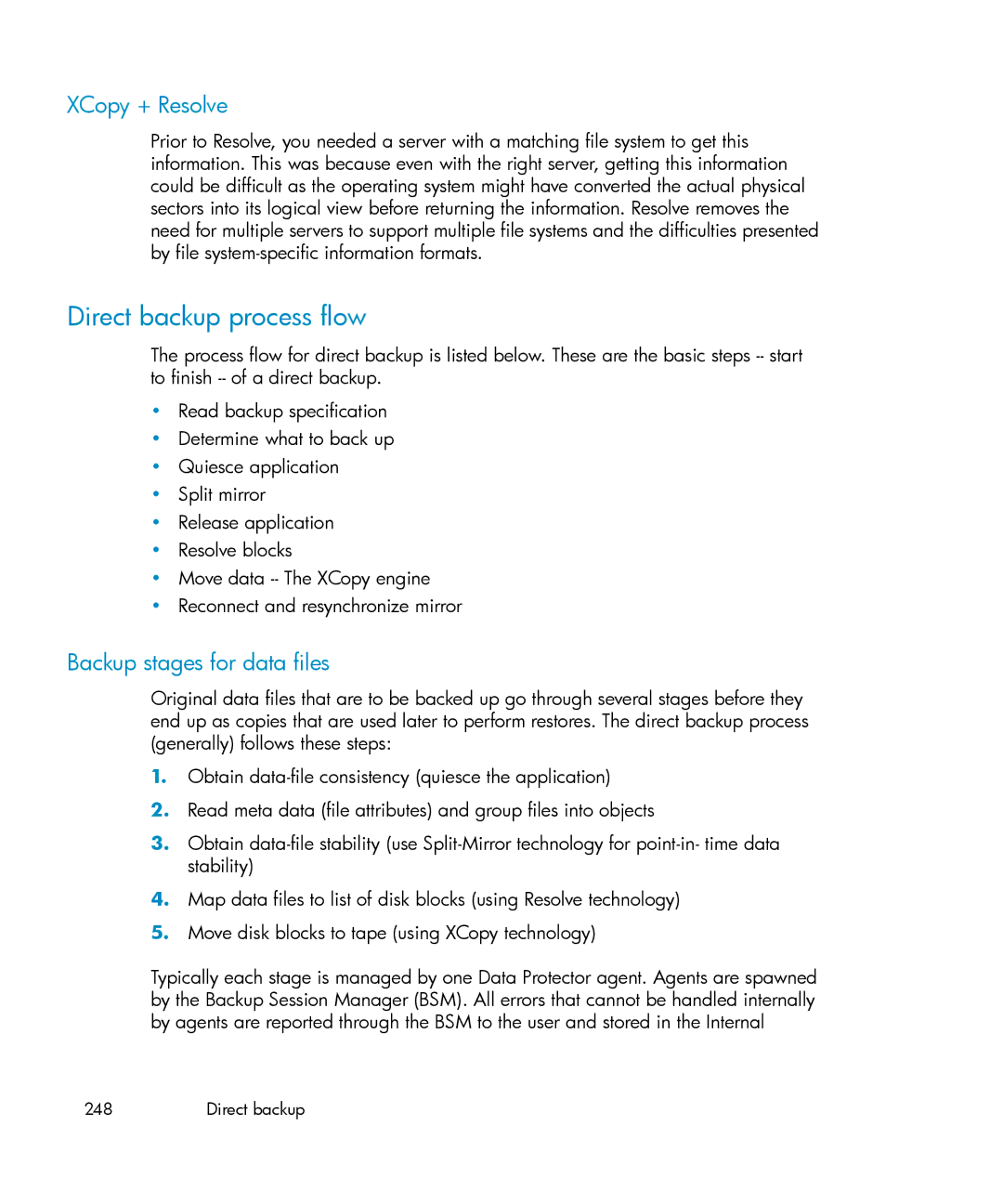 HP B6960-96035 manual Direct backup process flow, XCopy + Resolve, Backup stages for data files 