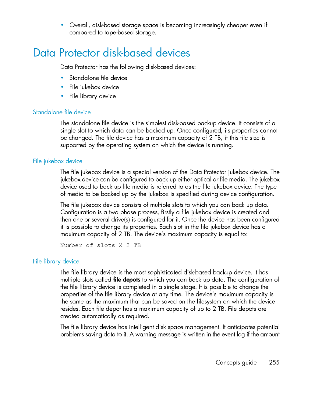 HP B6960-96035 manual Data Protector disk-based devices, Standalone file device, File jukebox device, File library device 