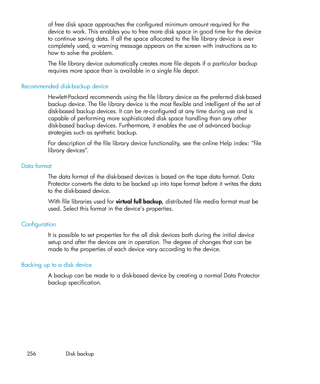 HP B6960-96035 manual Recommended disk-backup device, Data format, Configuration, Backing up to a disk device 