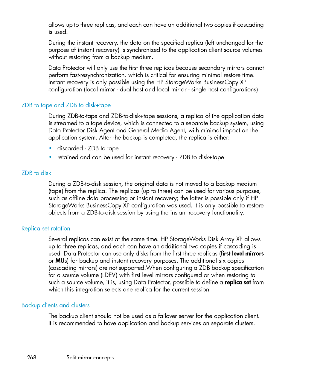 HP B6960-96035 manual ZDB to tape and ZDB to disk+tape, Replica set rotation, Backup clients and clusters 