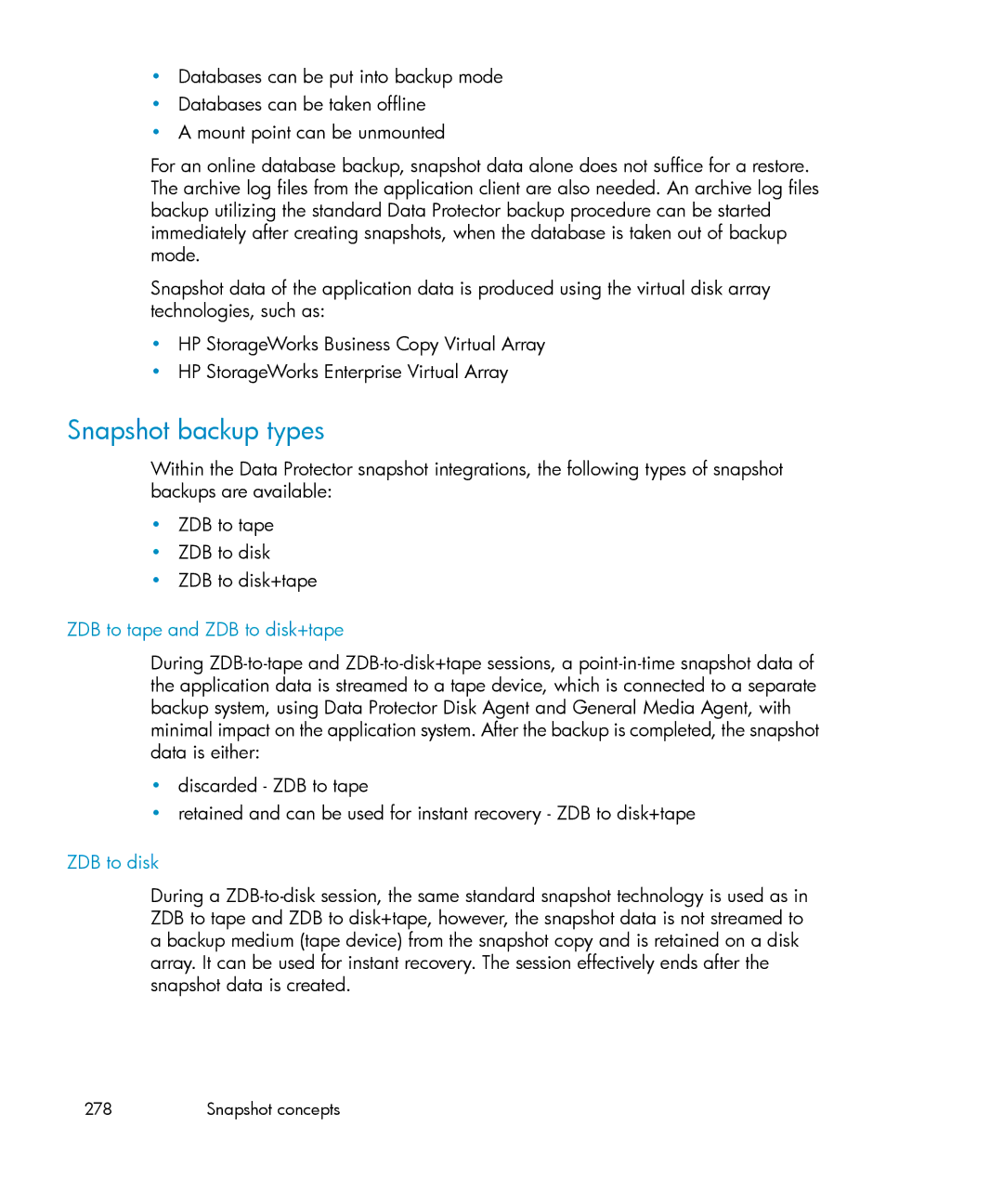 HP B6960-96035 manual Snapshot backup types, ZDB to tape and ZDB to disk+tape 