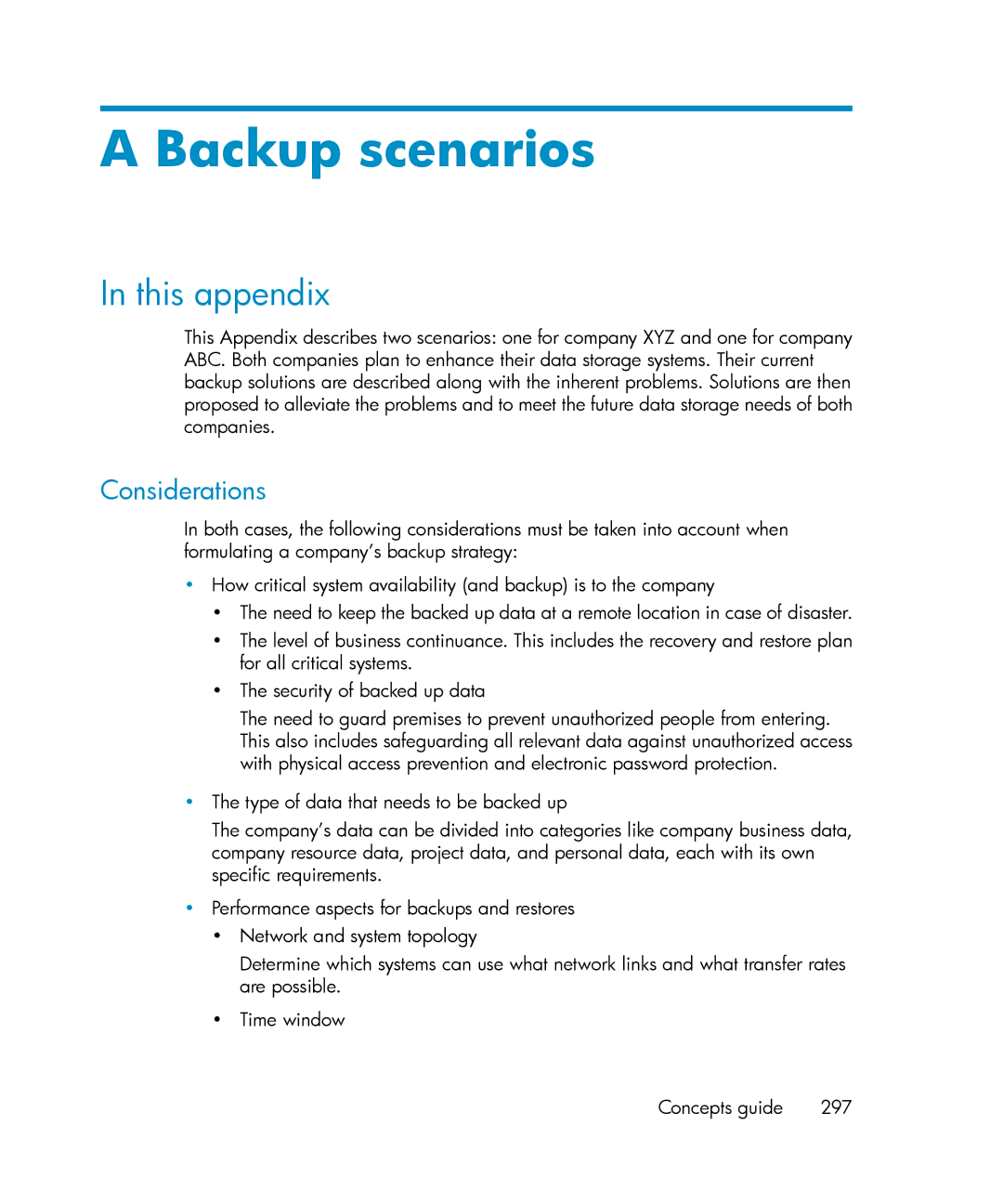 HP B6960-96035 manual Backup scenarios, This appendix, Considerations 