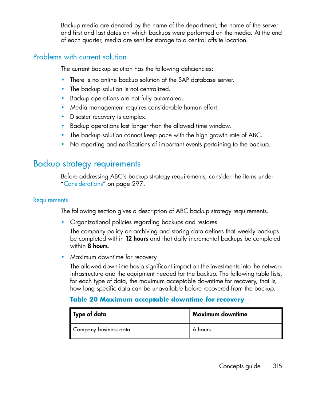 HP B6960-96035 Problems with current solution, Maximum acceptable downtime for recovery, Type of data Maximum downtime 