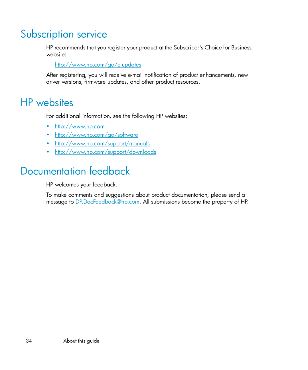 HP B6960-96035 manual Subscription service, HP websites, Documentation feedback, HP welcomes your feedback 