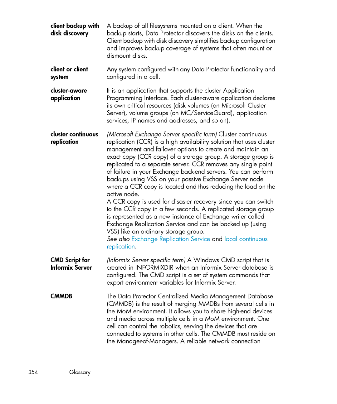 HP B6960-96035 manual Microsoft Exchange Server specific term Cluster continuous, Replication, Cmmdb 