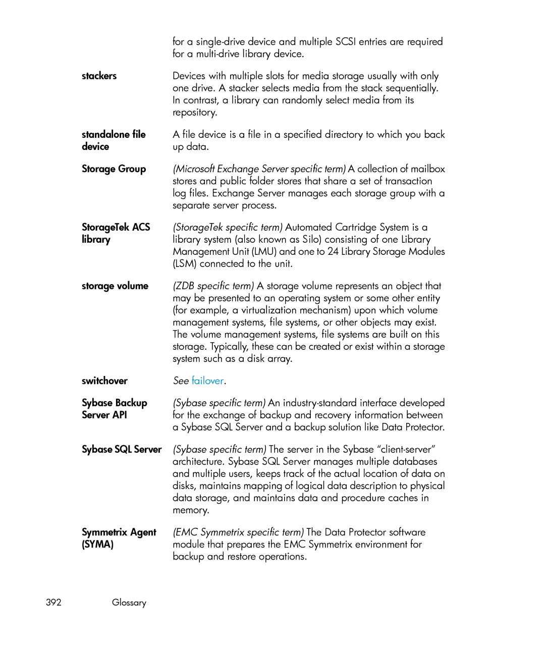 HP B6960-96035 manual See failover, EMC Symmetrix specific term The Data Protector software, Syma 