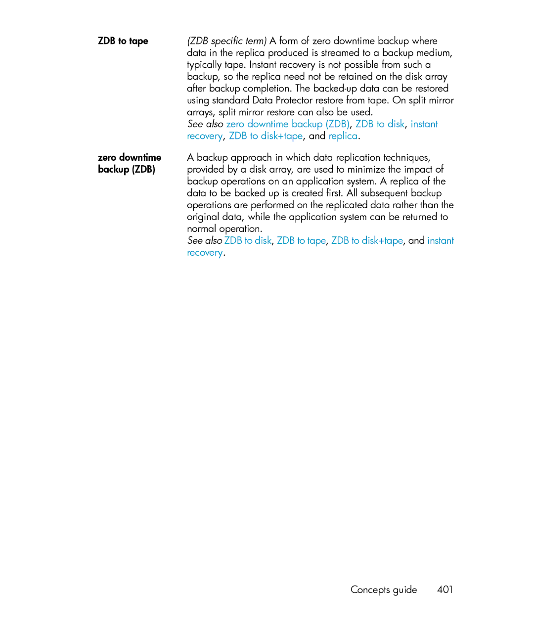 HP B6960-96035 Arrays, split mirror restore can also be used, See also zero downtime backup ZDB, ZDB to disk, instant 