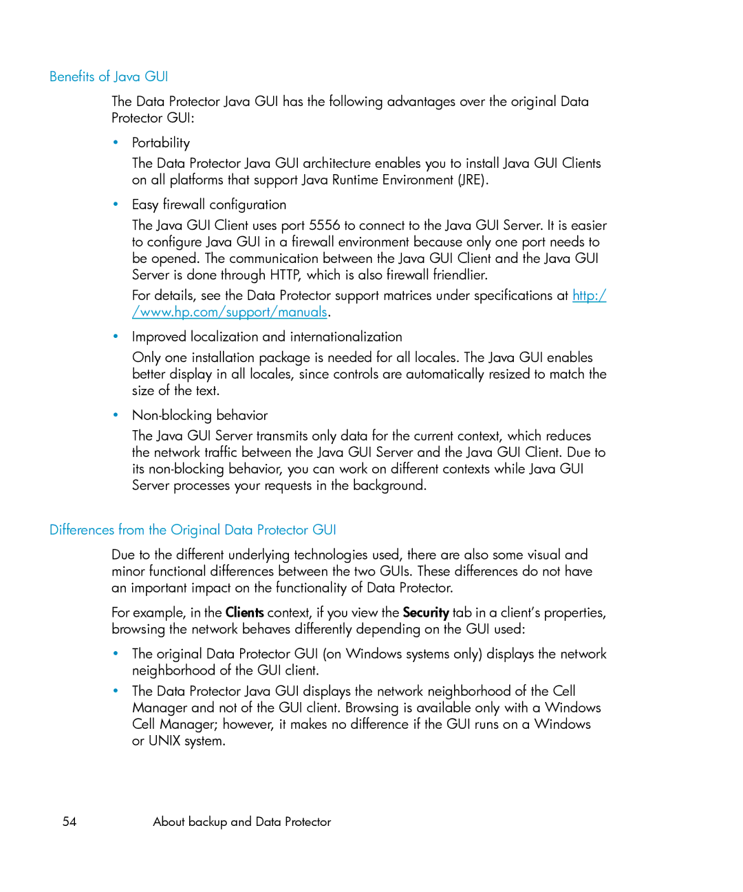 HP B6960-96035 manual Benefits of Java GUI, Differences from the Original Data Protector GUI 