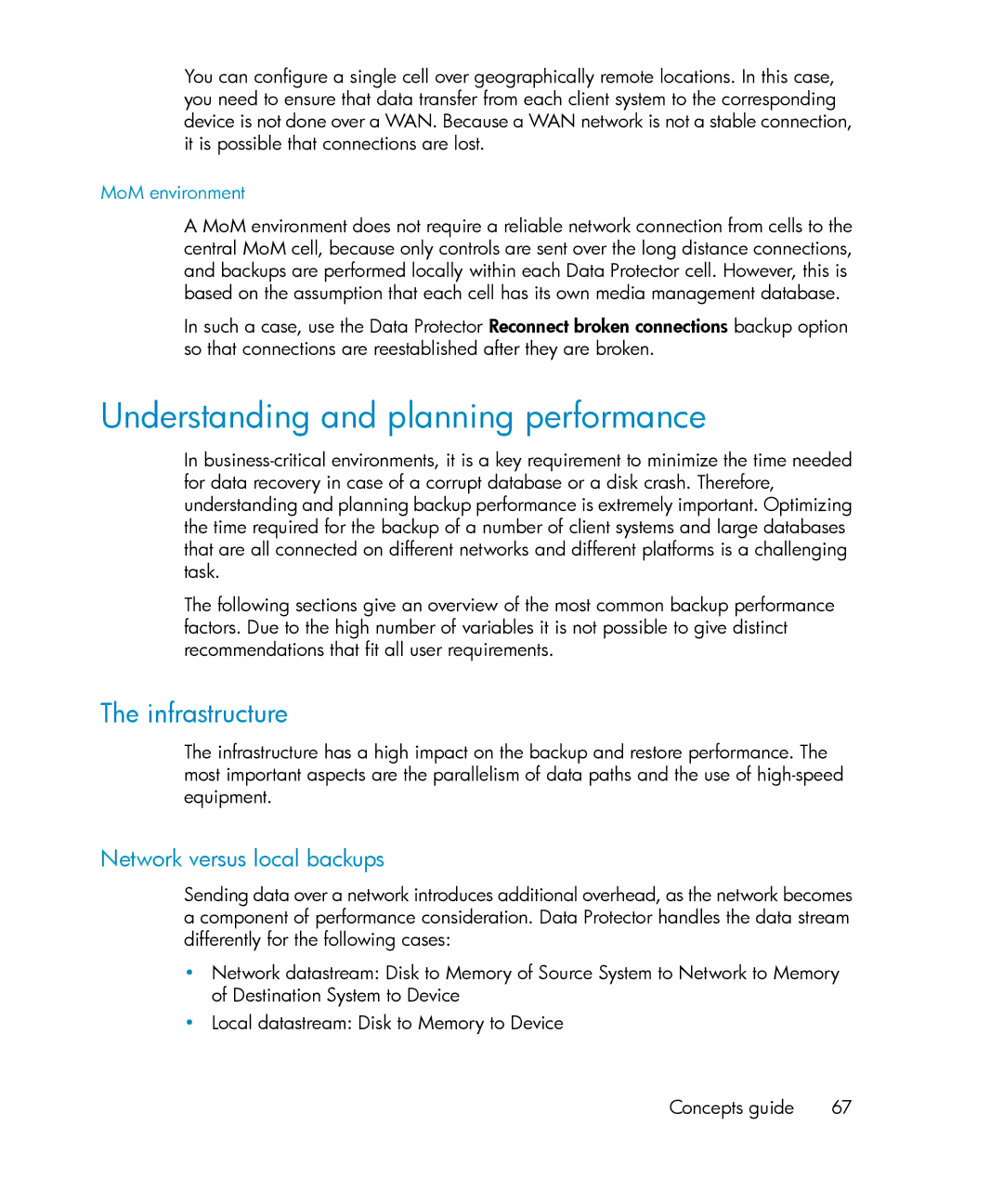 HP B6960-96035 manual Understanding and planning performance, Infrastructure, Network versus local backups, MoM environment 