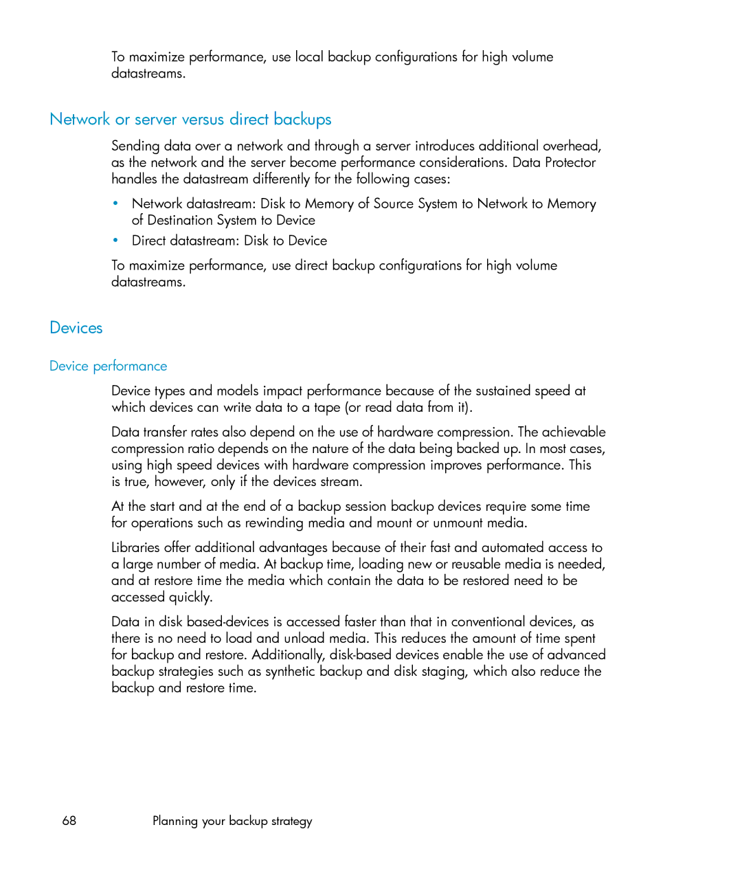 HP B6960-96035 manual Network or server versus direct backups, Devices, Device performance 