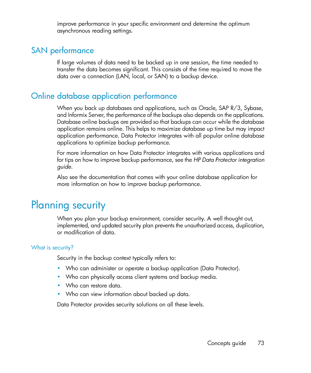 HP B6960-96035 manual Planning security, SAN performance, Online database application performance, What is security? 