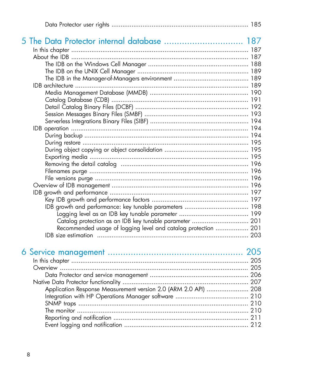HP B6960-96035 manual Data Protector internal database 187, Service management 205 