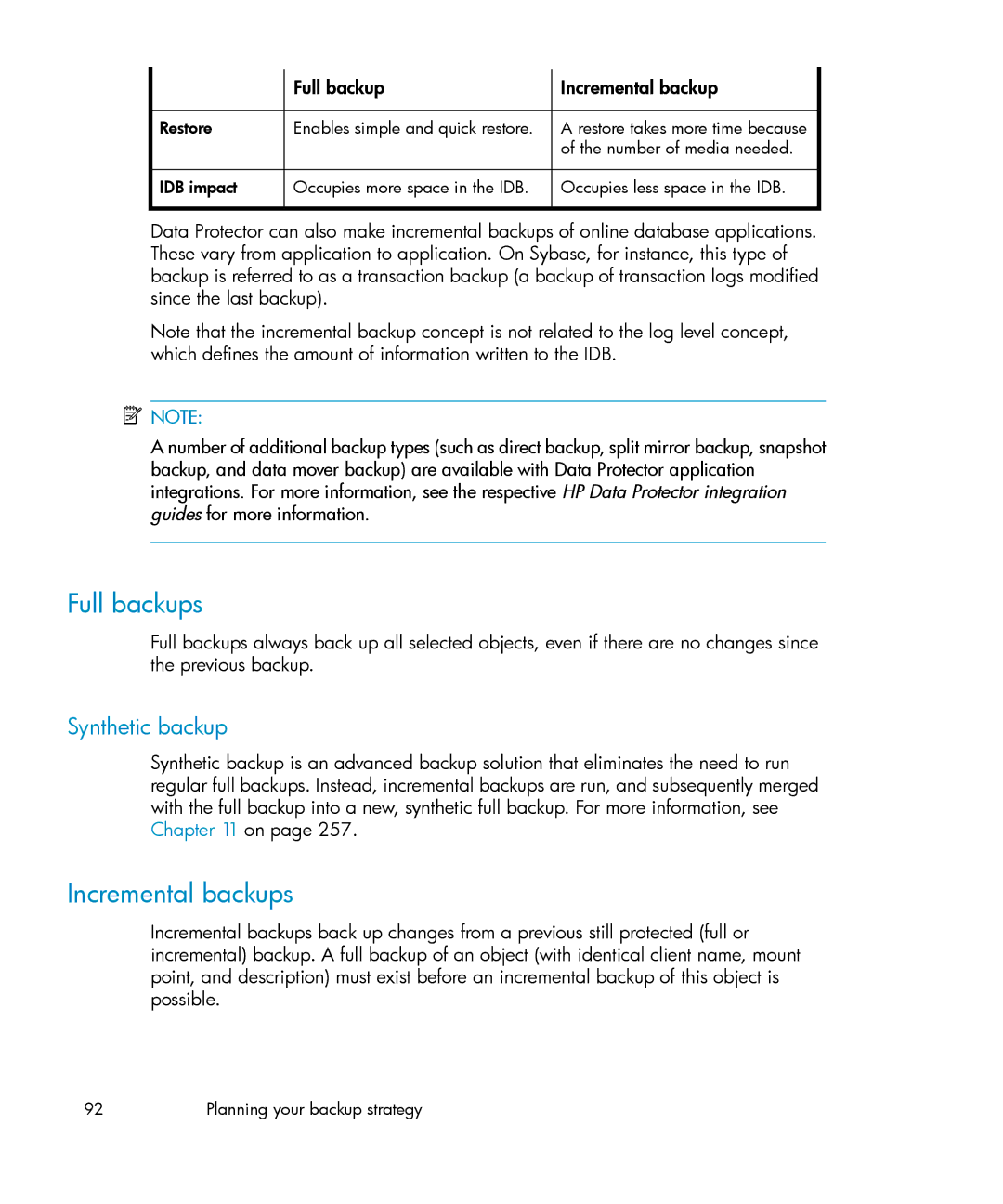 HP B6960-96035 manual Full backups, Incremental backups, Synthetic backup, Full backup Incremental backup 