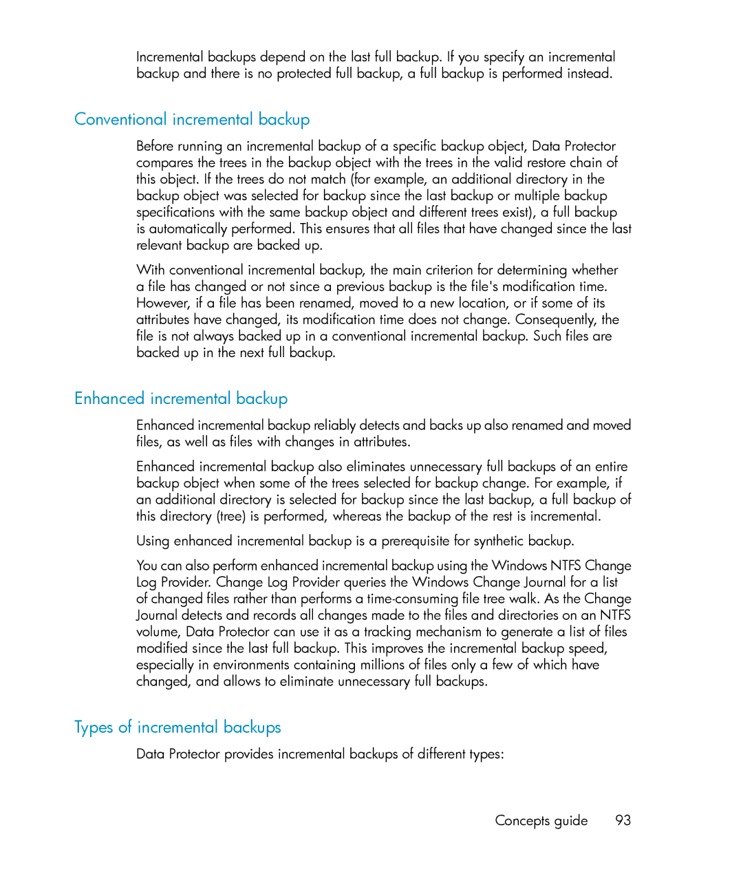 HP B6960-96035 manual Conventional incremental backup, Enhanced incremental backup, Types of incremental backups 