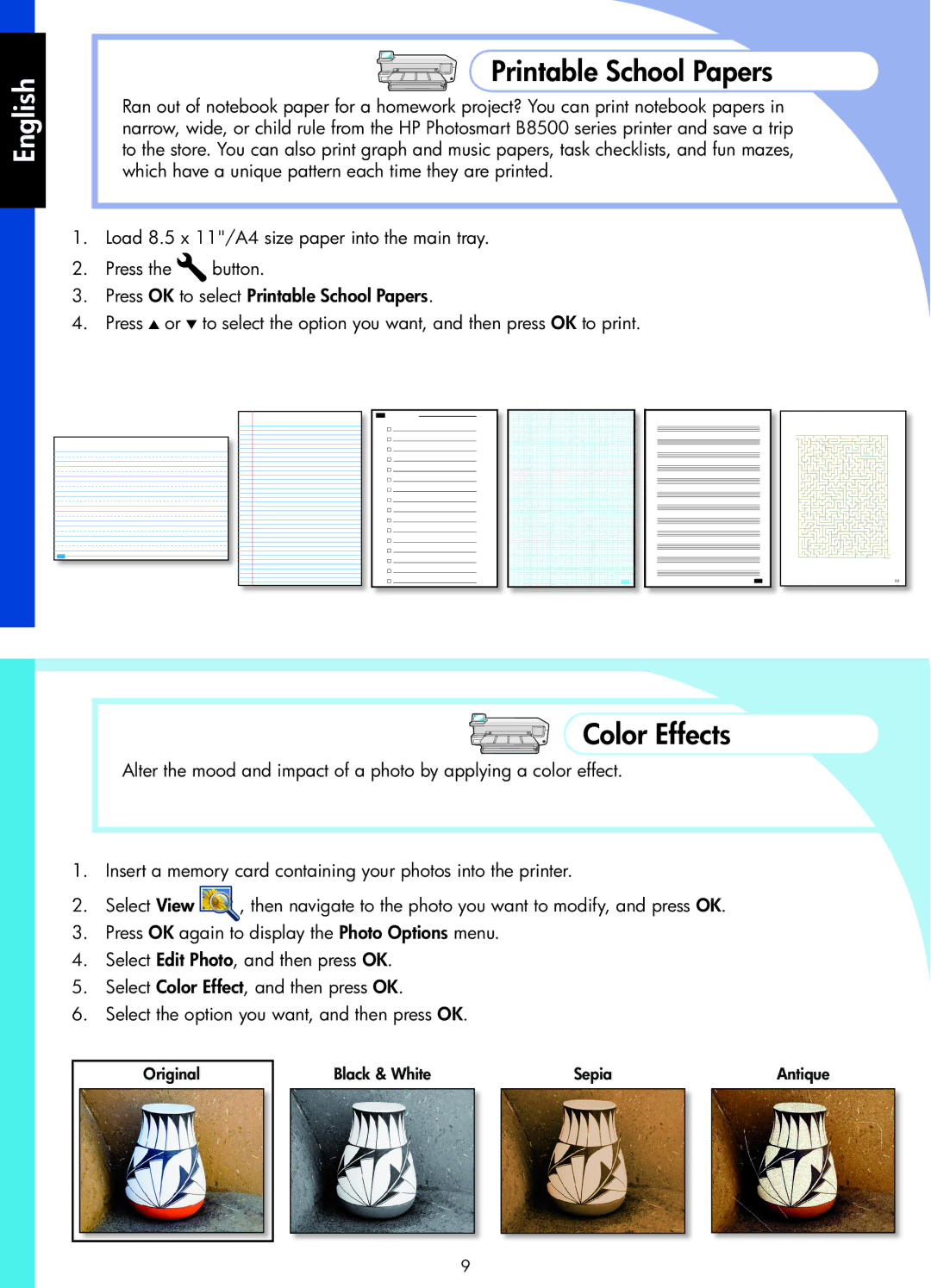 HP B8500 manual Printable School Papers, Color Effects 