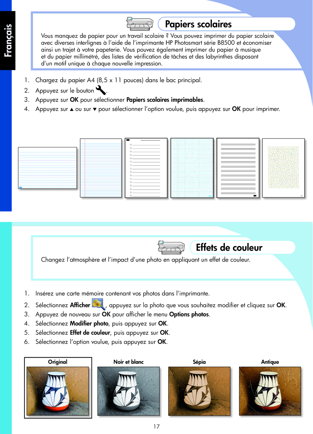 HP B8500 manual Papiers scolaires, Effets de couleur 