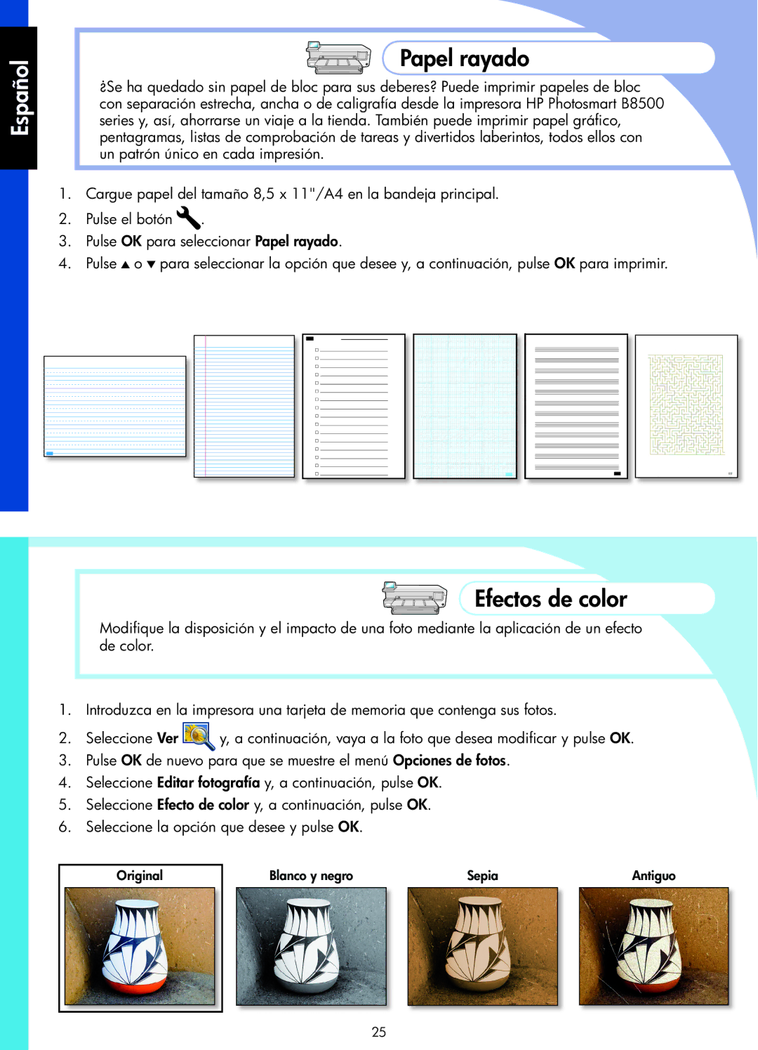 HP B8500 manual Papel rayado, Efectos de color 