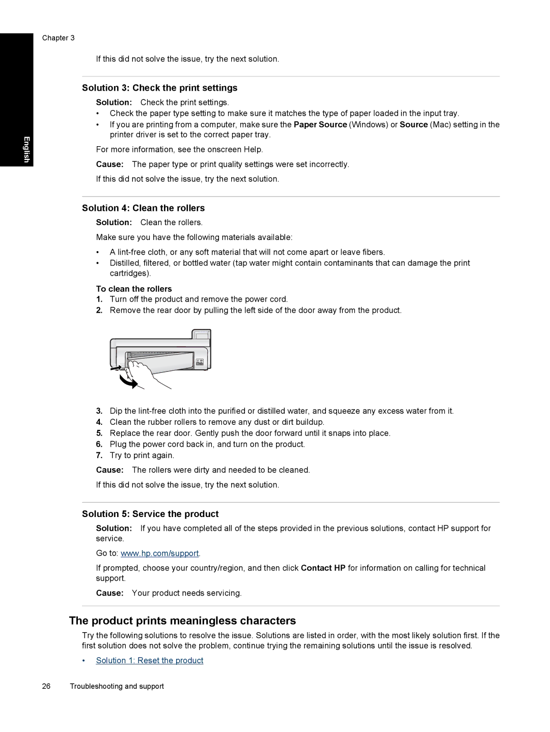 HP B8550 manual Product prints meaningless characters, Solution 3 Check the print settings, Solution 4 Clean the rollers 