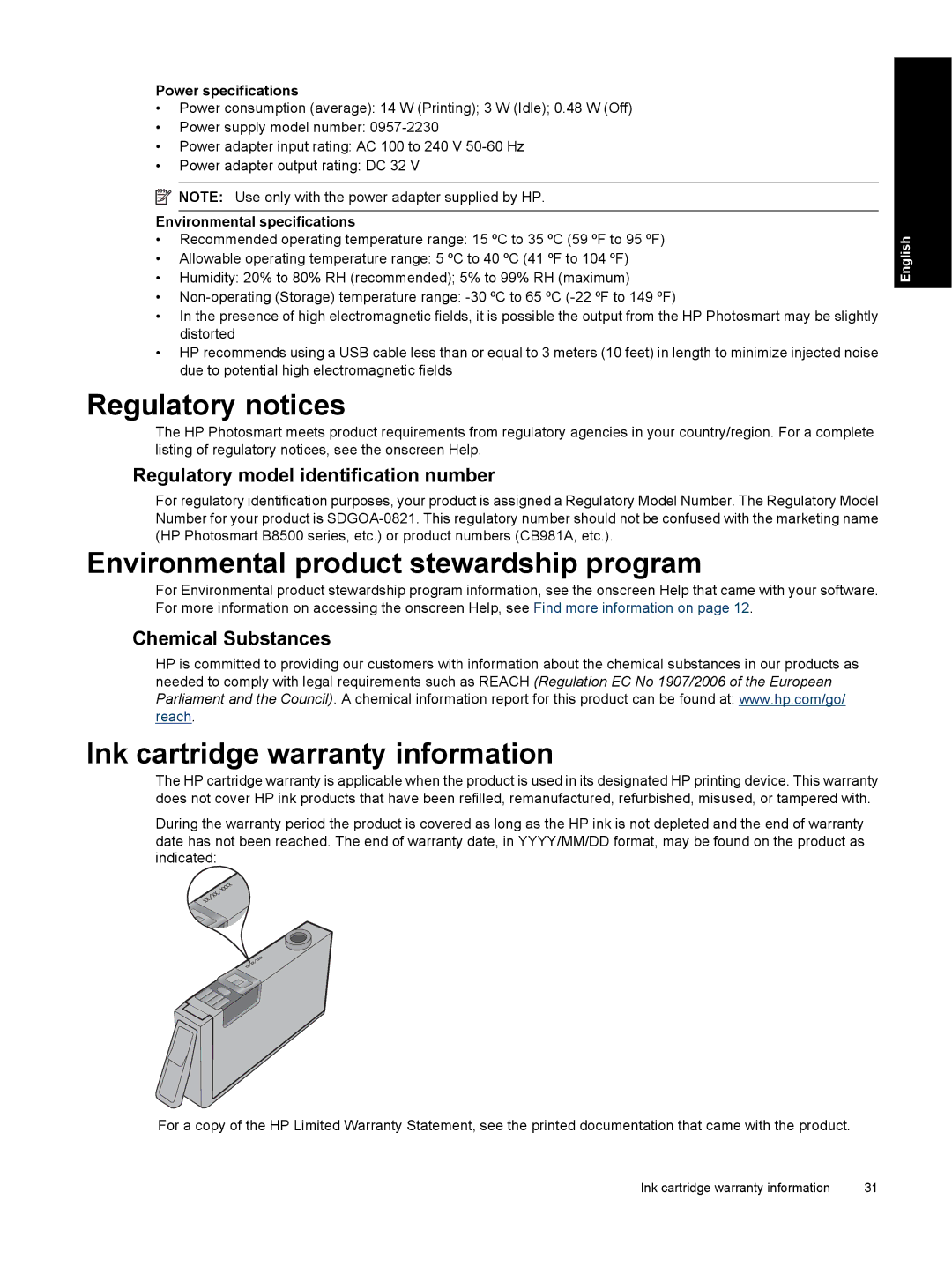 HP B8550 Photo CB981A#B1H manual Regulatory notices, Environmental product stewardship program, Chemical Substances 