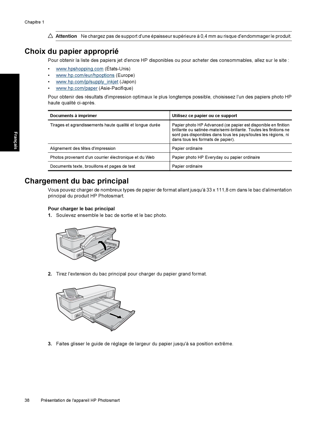 HP B8550 manual Choix du papier approprié, Chargement du bac principal, Pour charger le bac principal, Documents à imprimer 