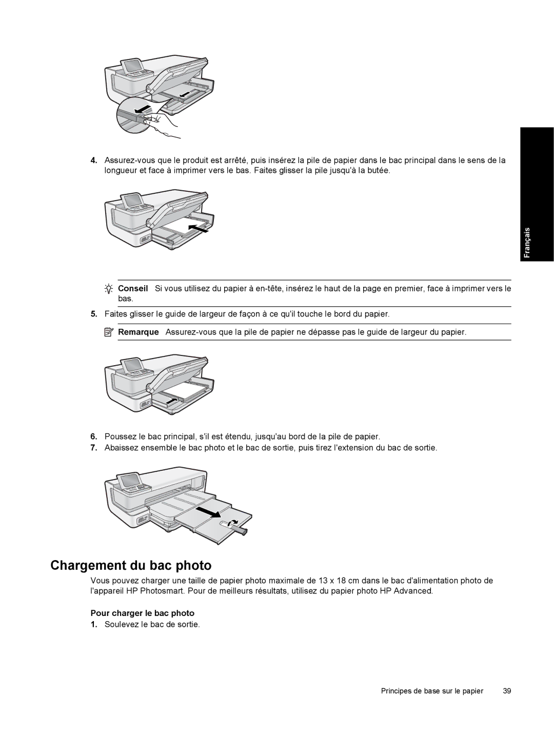 HP B8550 Photo CB981A#B1H manual Chargement du bac photo, Pour charger le bac photo 