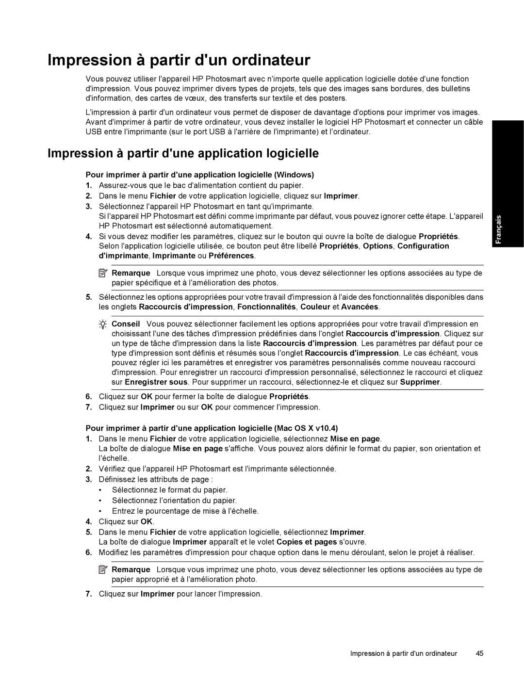 HP B8550 Photo CB981A#B1H manual Impression à partir dun ordinateur, Impression à partir dune application logicielle 