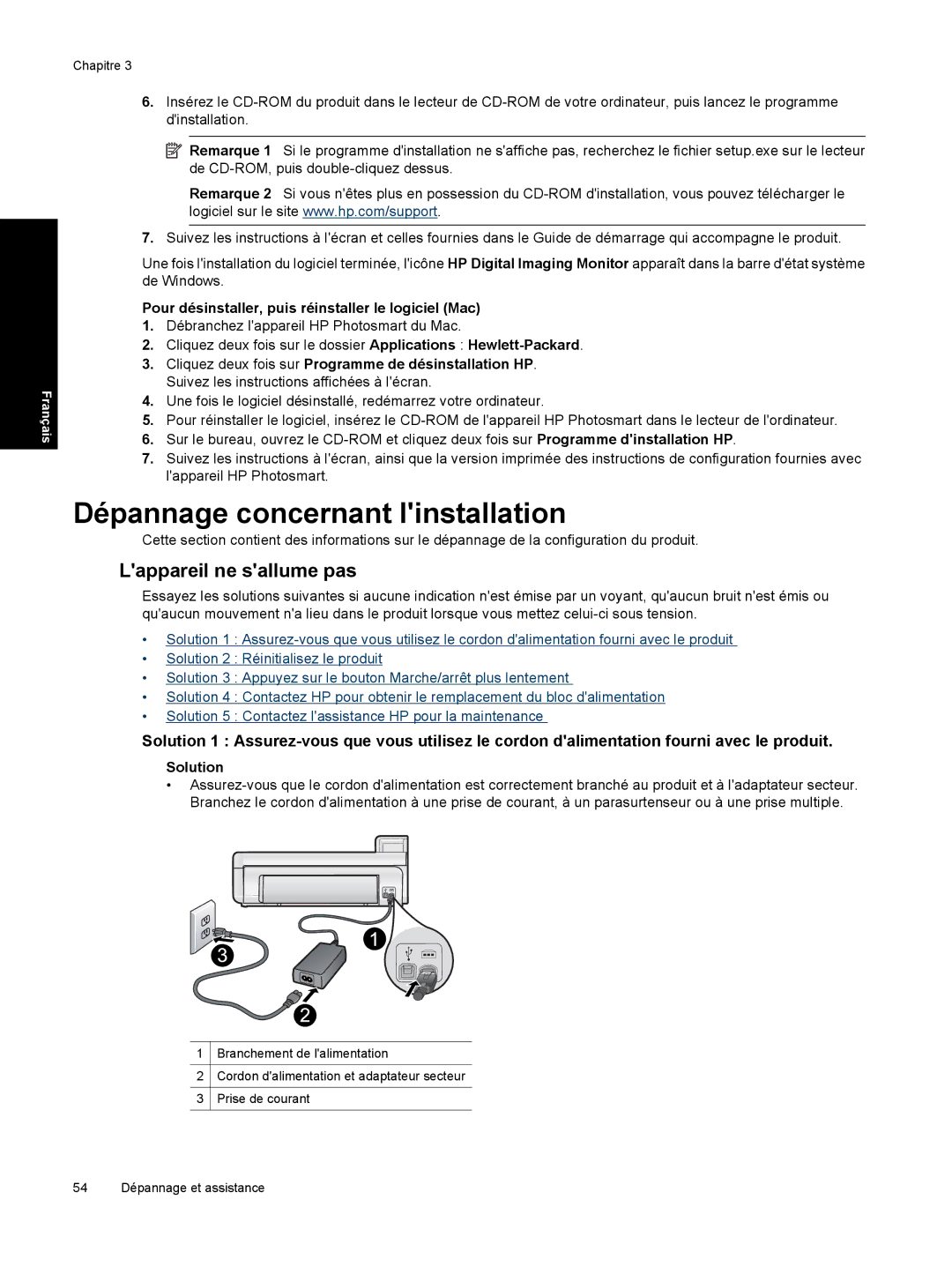 HP B8550 Dépannage concernant linstallation, Lappareil ne sallume pas, Pour désinstaller, puis réinstaller le logiciel Mac 