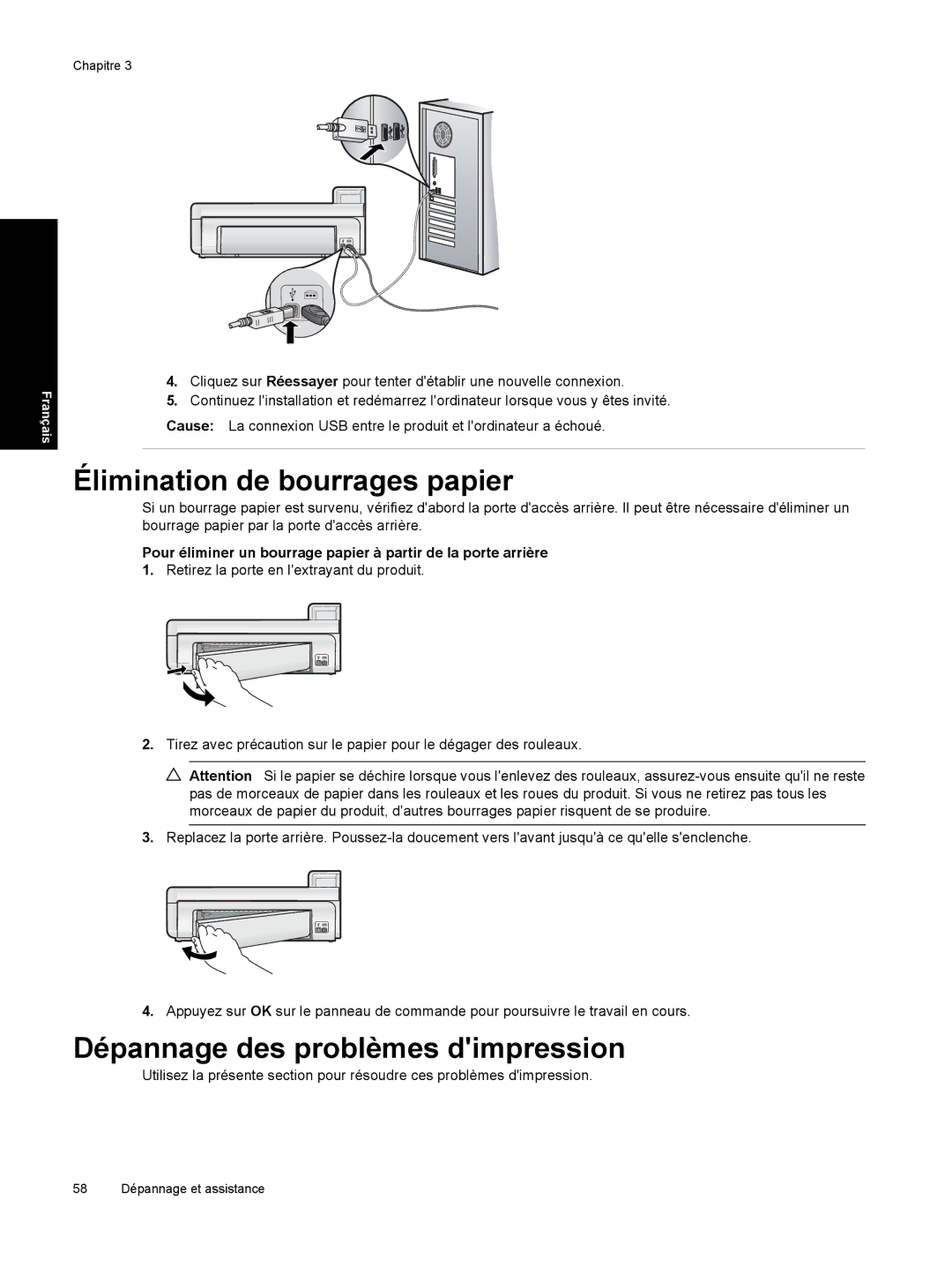 HP B8550 Photo CB981A#B1H manual Élimination de bourrages papier, Dépannage des problèmes dimpression 