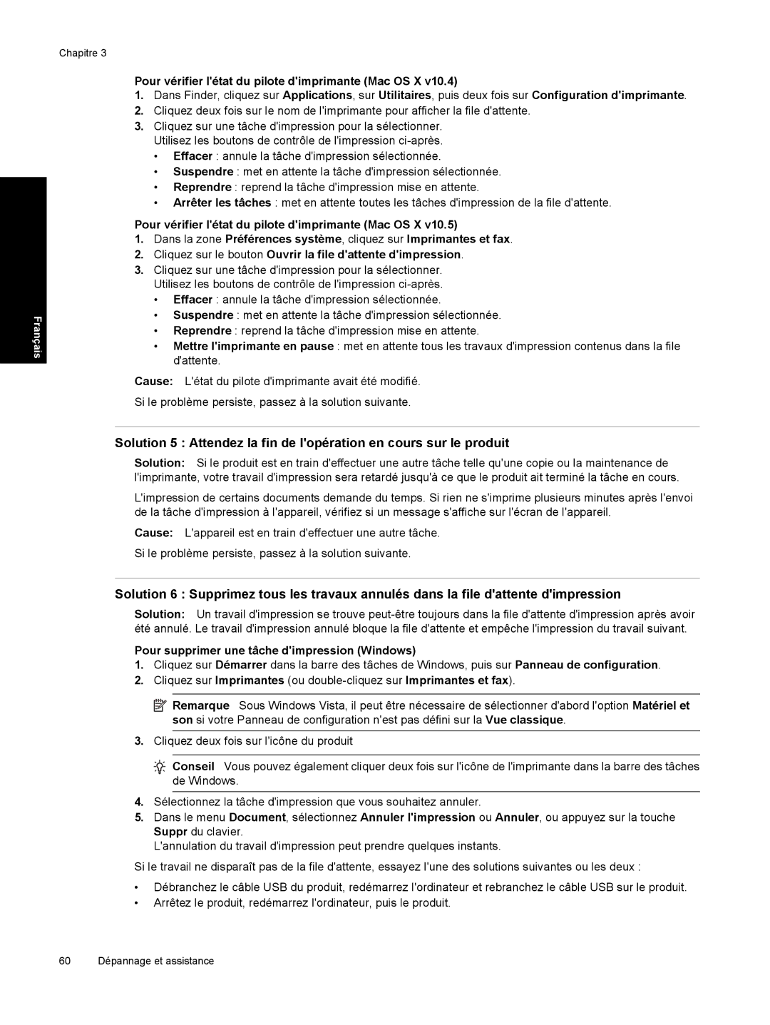 HP B8550 manual Pour vérifier létat du pilote dimprimante Mac OS X, Pour supprimer une tâche dimpression Windows 