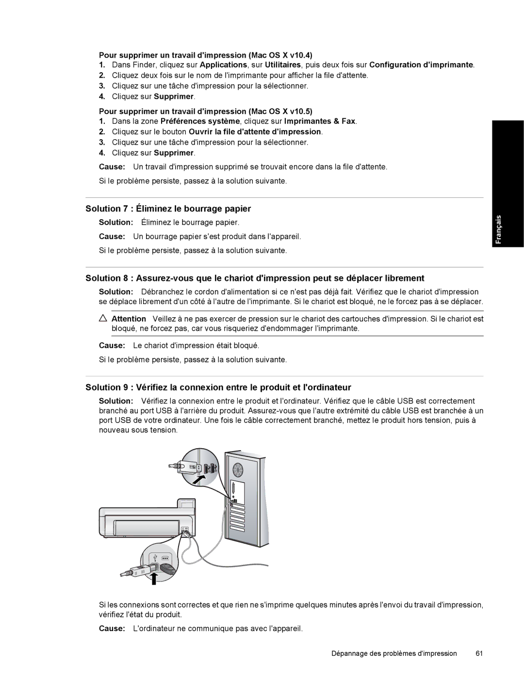 HP B8550 Photo CB981A#B1H manual Solution 7 Éliminez le bourrage papier, Pour supprimer un travail dimpression Mac OS X 