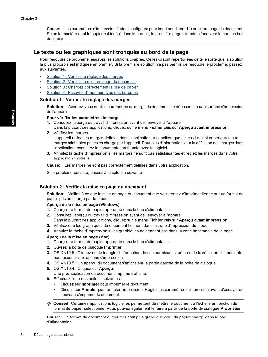 HP B8550 manual Le texte ou les graphiques sont tronqués au bord de la, Solution 1 Vérifiez le réglage des marges 