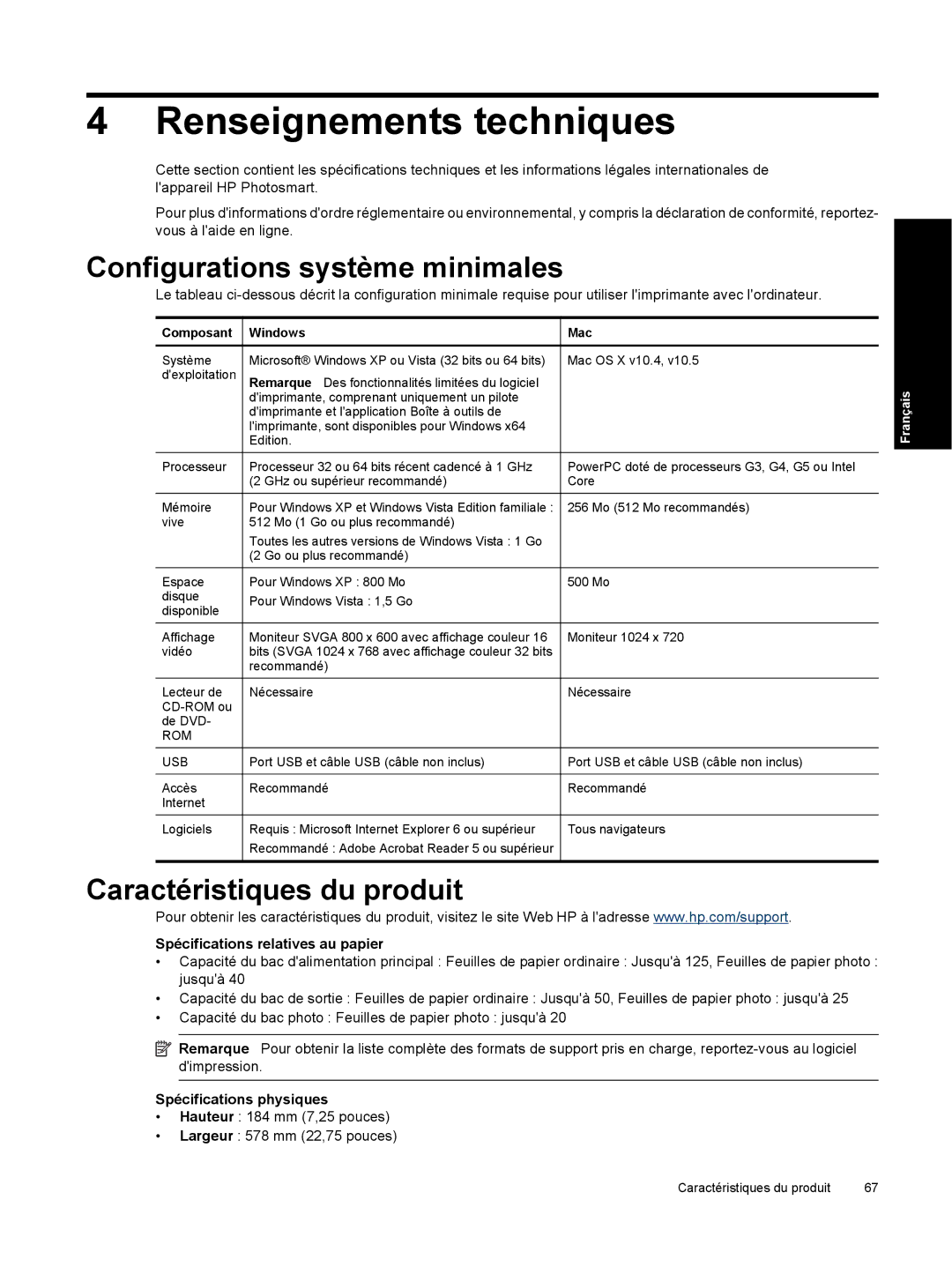 HP B8550 Photo CB981A#B1H manual Renseignements techniques, Configurations système minimales, Caractéristiques du produit 