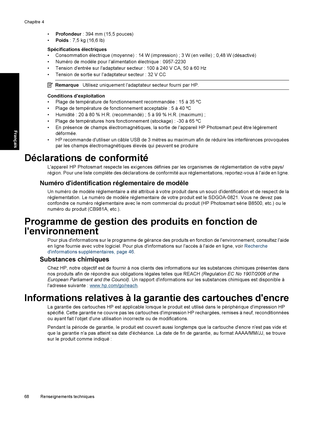 HP B8550 Déclarations de conformité, Informations relatives à la garantie des cartouches dencre, Substances chimiques 