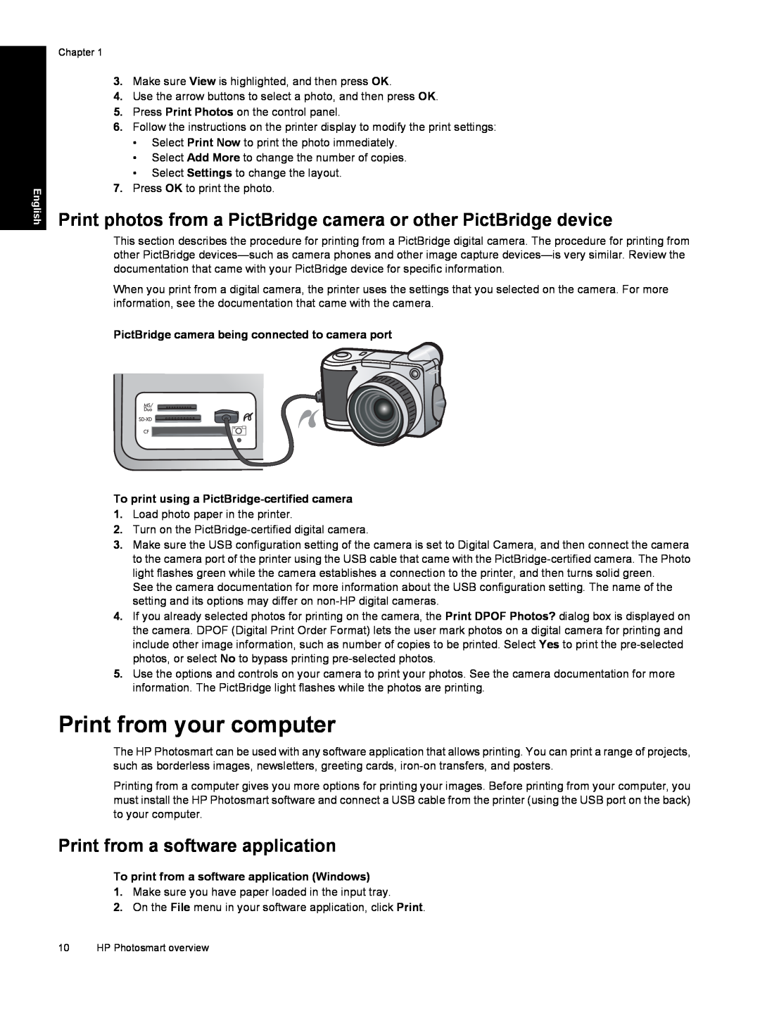 HP B8550 manual Print from your computer, Print photos from a PictBridge camera or other PictBridge device 