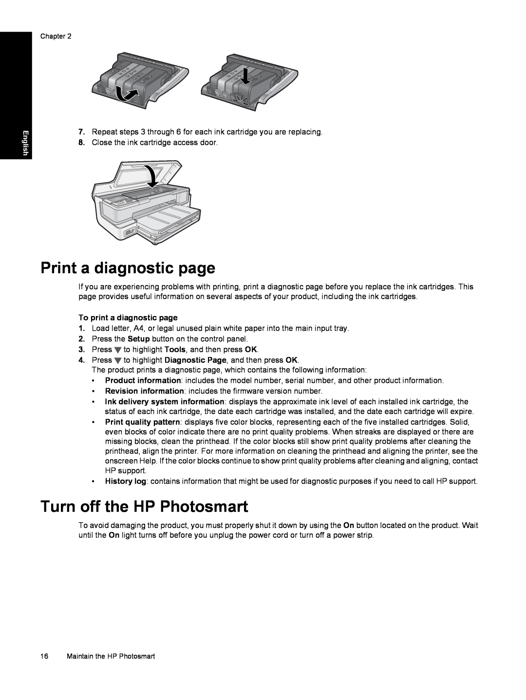 HP B8550 Photo CB981A#B1H manual Print a diagnostic page, Turn off the HP Photosmart, To print a diagnostic page 